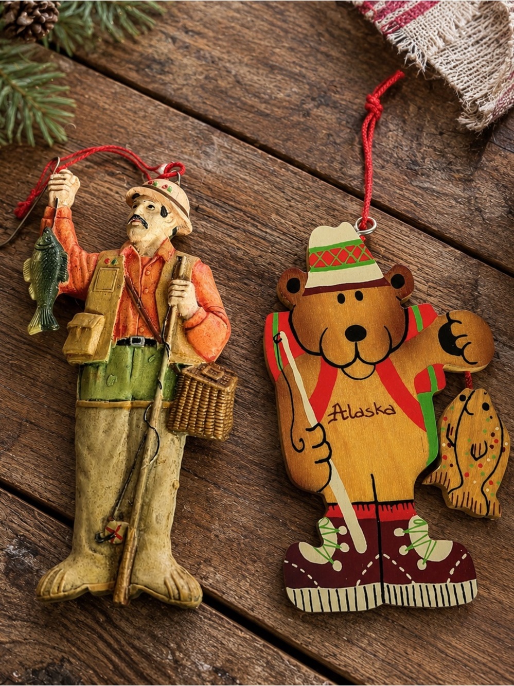 Vintage Christmas Tree Fisherman and Bear Ornaments Alaska Holiday Fishing